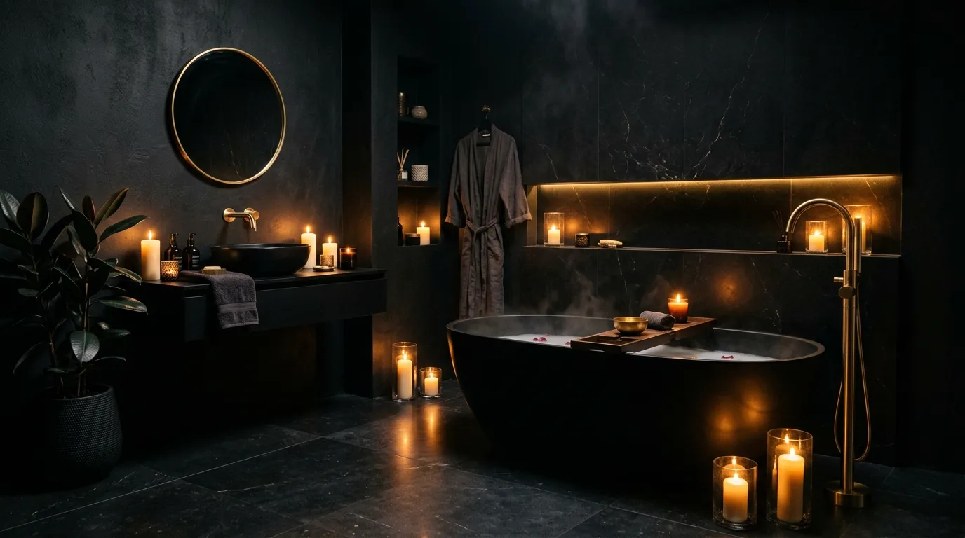 Moody black bathroom with dark stone, warm lighting, and luxe finishes.